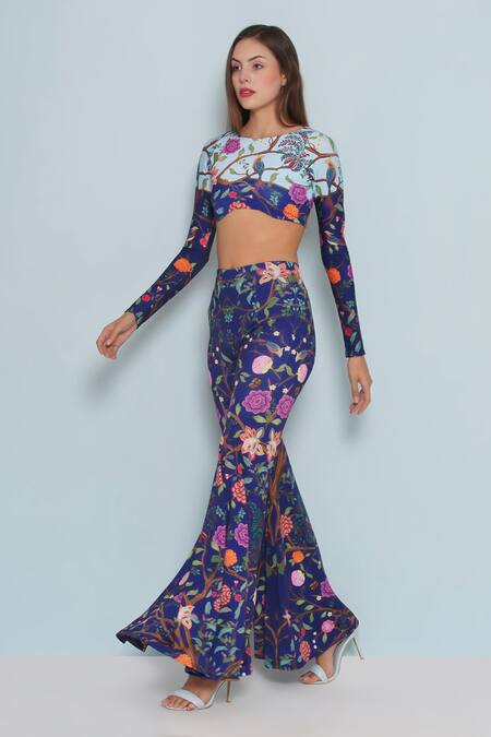 Limerick By Abirr N' Nanki_Blue Spandex, Polyester Boat Neck Suzi Florence Print Top _Online_at_Aza_Fashions