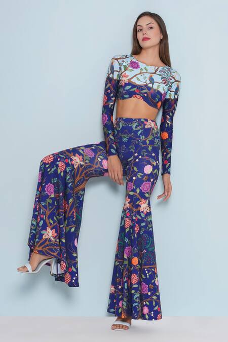 Limerick By Abirr N' Nanki_Blue Spandex, Polyester Boat Neck Suzi Florence Print Top _at_Aza_Fashions