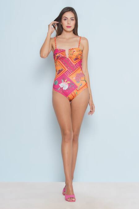 Buy_Limerick By Abirr N' Nanki_Pink Polyester, Spandex Square Neck Syn Bloom Print Monokini _Online_at_Aza_Fashions