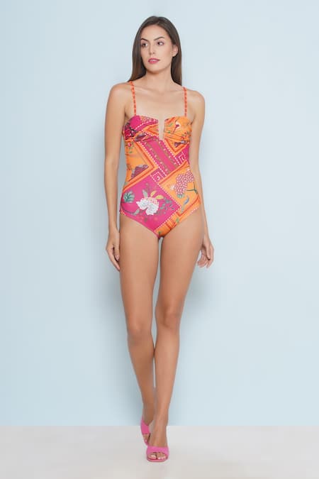 Shop_Limerick By Abirr N' Nanki_Pink Polyester, Spandex Square Neck Syn Bloom Print Monokini _Online_at_Aza_Fashions