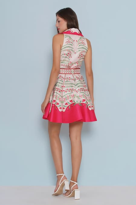 Limerick By Abirr N' Nanki Theone Tulip Garden Print Lapel Collar Dress With Belt 