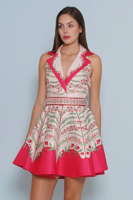Buy_Limerick By Abirr N' Nanki_Pink Satin Buckles Collared Theone Tulip Garden Print Lapel Dress With Belt _Online_at_Aza_Fashions