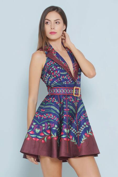Buy Limerick By Abirr N' Nanki Blue Satin Buckles Collared Theone Midnight Flora Print Lapel Dress With Belt Online at Aza Fashions Buy_Limerick By Abirr N' Nanki_Blue Satin Buckles Collared Theone Midnight Flora Print Lapel Dress With Belt _Online_at_Aza_Fashions