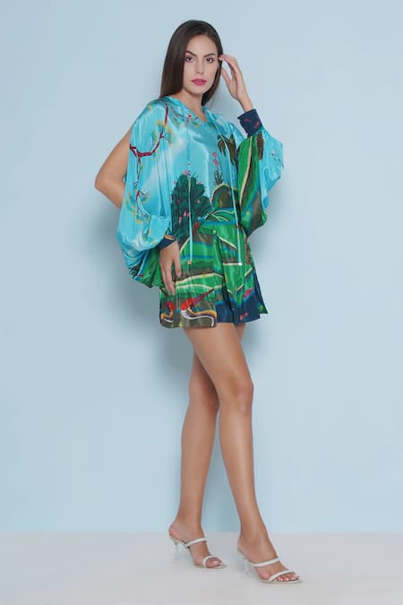 Shop Limerick By Abirr N' Nanki Green Crepe Print Tropical Fantasy Vila Shorts Online at Aza Fashions Shop_Limerick By Abirr N' Nanki_Green Crepe Print Tropical Fantasy Vila Shorts _Online_at_Aza_Fashions