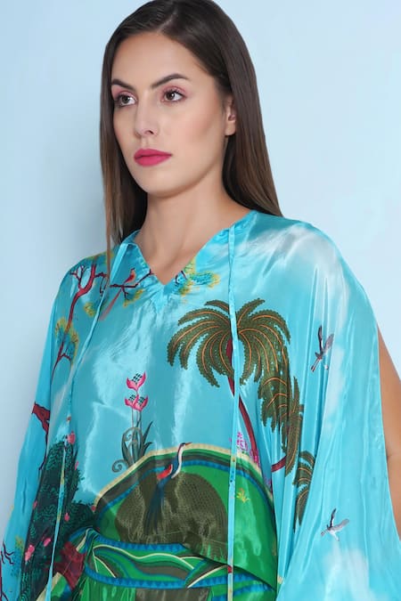 Limerick By Abirr N' Nanki_Blue Crepe V-neck Vila Tropical Bliss Print Top _Online_at_Aza_Fashions