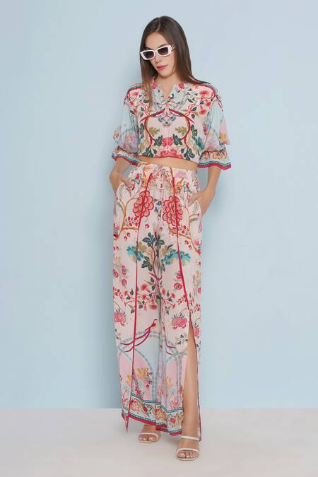 Limerick By Abirr N' Nanki_Pink Crepe Viona Blossomy Print Wrap Pant _Online_at_Aza_Fashions