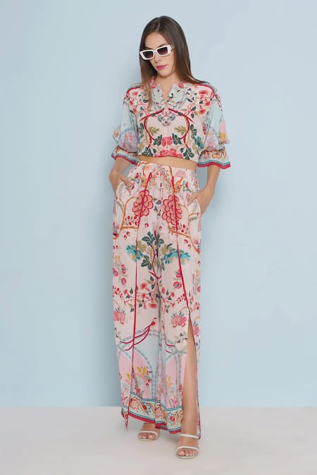 Buy_Limerick By Abirr N' Nanki_Pink Crepe Pearls Collared Viona Persian Fleur Print Shirt _Online_at_Aza_Fashions