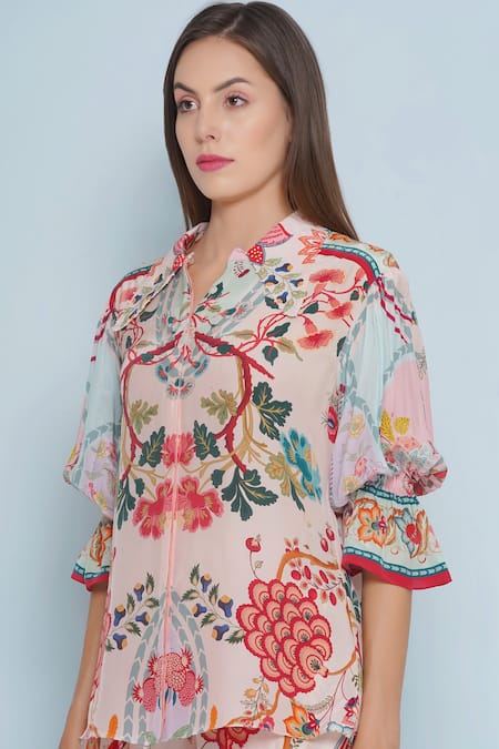 Shop_Limerick By Abirr N' Nanki_Pink Crepe Pearls Collared Viona Persian Fleur Print Shirt _Online_at_Aza_Fashions