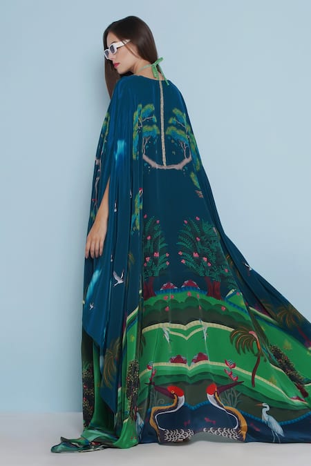 Shop Limerick By Abirr N' Nanki Blue Wallis Midnight Fauna Print Long Cape Online at Aza Fashions Shop_Limerick By Abirr N' Nanki_Blue Wallis Midnight Fauna Print Long Cape _Online_at_Aza_Fashions