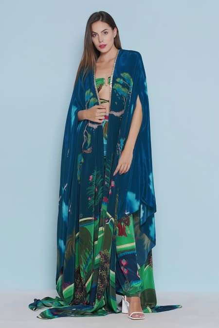 Limerick By Abirr N' Nanki Blue Wallis Midnight Fauna Print Long Cape at Aza Fashions Limerick By Abirr N' Nanki_Blue Wallis Midnight Fauna Print Long Cape _at_Aza_Fashions
