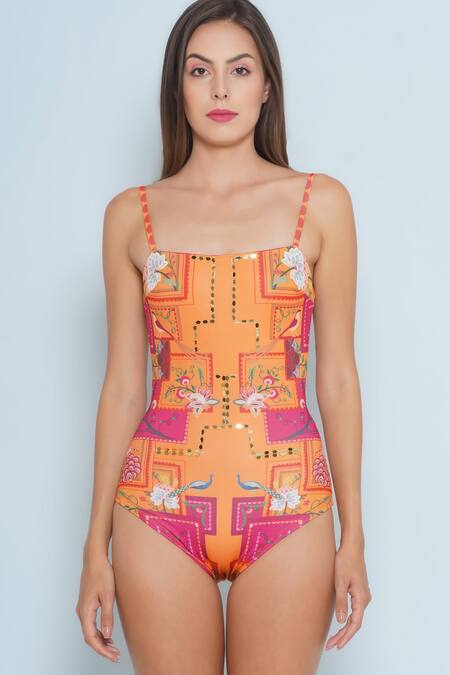 Buy_Limerick By Abirr N' Nanki_Pink Spandex, Polyester Square Neck Zi Gardenia Print Embellished Monokini _Online_at_Aza_Fashions