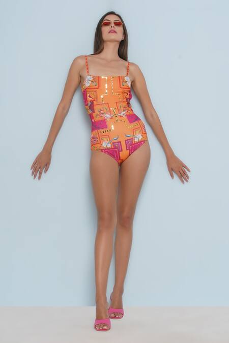 Limerick By Abirr N' Nanki_Pink Spandex, Polyester Square Neck Zi Gardenia Print Embellished Monokini _at_Aza_Fashions