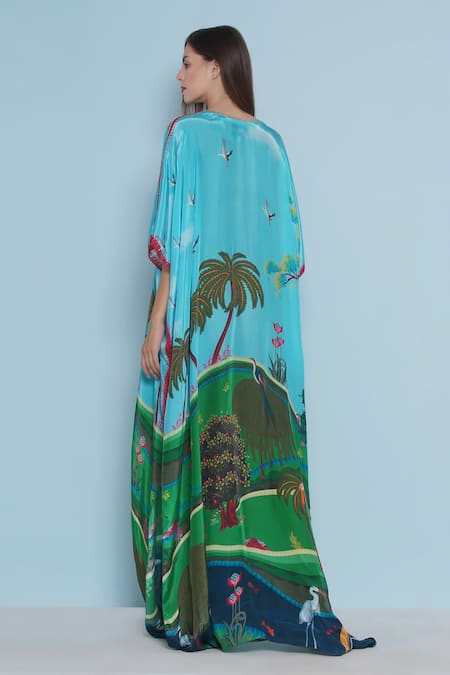 Shop Limerick By Abirr N' Nanki Blue Crepe Embroidery V-neck Zinnia Tropical Scene Print Kaftan at Aza Fashions Shop_Limerick By Abirr N' Nanki_Blue Crepe Embroidery V-neck Zinnia Tropical Scene Print Kaftan _at_Aza_Fashions