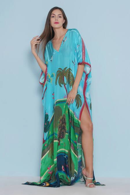 Limerick By Abirr N' Nanki Blue Crepe Embroidery V-neck Zinnia Tropical Scene Print Kaftan Online at Aza Fashions Limerick By Abirr N' Nanki_Blue Crepe Embroidery V-neck Zinnia Tropical Scene Print Kaftan _Online_at_Aza_Fashions