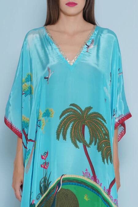 Buy Limerick By Abirr N' Nanki Blue Crepe Embroidery V-neck Zinnia Tropical Scene Print Kaftan Online at Aza Fashions Buy_Limerick By Abirr N' Nanki_Blue Crepe Embroidery V-neck Zinnia Tropical Scene Print Kaftan _Online_at_Aza_Fashions