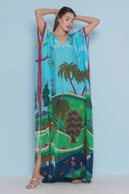 Shop Limerick By Abirr N' Nanki Blue Crepe Embroidery V-neck Zinnia Tropical Scene Print Kaftan Online at Aza Fashions Shop_Limerick By Abirr N' Nanki_Blue Crepe Embroidery V-neck Zinnia Tropical Scene Print Kaftan _Online_at_Aza_Fashions