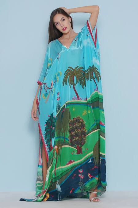 Limerick By Abirr N' Nanki Blue Crepe Embroidery V-neck Zinnia Tropical Scene Print Kaftan at Aza Fashions Limerick By Abirr N' Nanki_Blue Crepe Embroidery V-neck Zinnia Tropical Scene Print Kaftan _at_Aza_Fashions