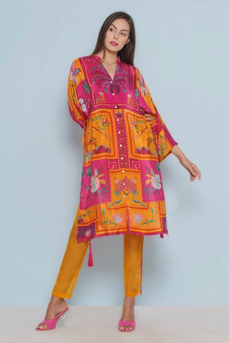 Limerick By Abirr N' Nanki_Pink Crepe Print Florica Art Mandarin V Neck Zola Tunic  _Online_at_Aza_Fashions