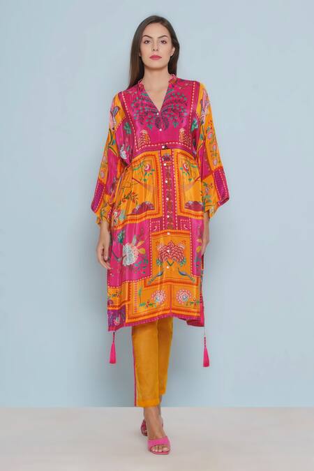 Shop_Limerick By Abirr N' Nanki_Pink Crepe Print Florica Art Mandarin V Neck Zola Tunic  _Online_at_Aza_Fashions