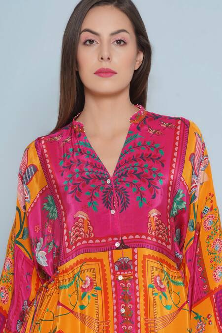 Limerick By Abirr N' Nanki_Pink Crepe Print Florica Art Mandarin V Neck Zola Tunic  _at_Aza_Fashions