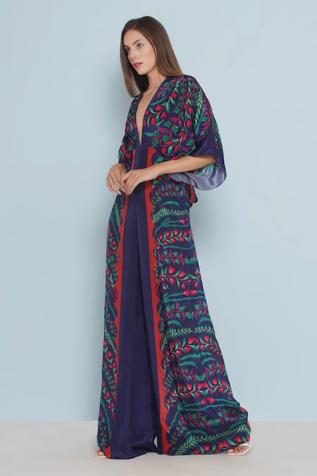 Limerick By Abirr N' Nanki_Blue Crepe Plunge Neck Sophi Floral Vine Print Jumpsuit _Online_at_Aza_Fashions
