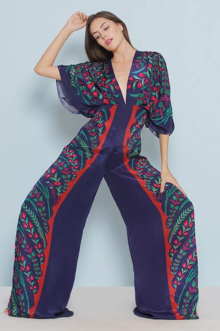 Buy_Limerick By Abirr N' Nanki_Blue Crepe Plunge Neck Sophi Floral Vine Print Jumpsuit _Online_at_Aza_Fashions