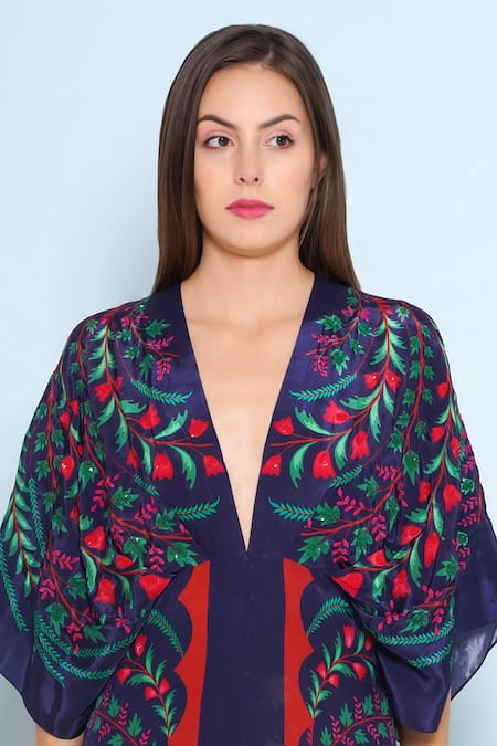 Limerick By Abirr N' Nanki_Blue Crepe Plunge Neck Sophi Floral Vine Print Jumpsuit _at_Aza_Fashions