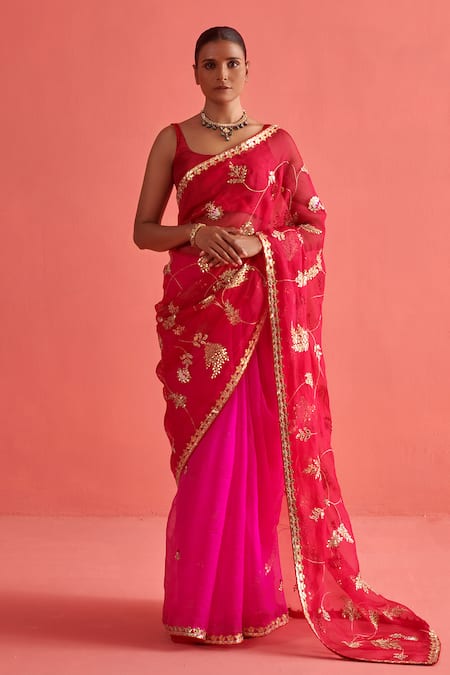 Aarti Sethia Studio Red Organza Embroidery Gota Paisley Embellished Saree Blouse Set 
