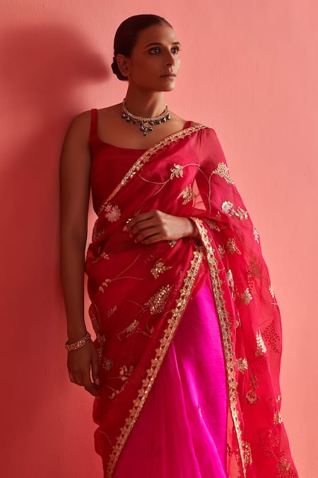 Buy_Aarti Sethia_Red Organza Embroidery Gota Patti Semi Paisley Embellished Saree Blouse Set _Online_at_Aza_Fashions