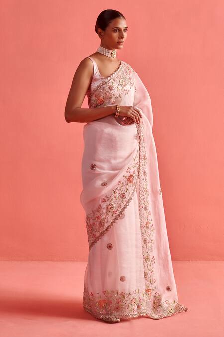 Aarti Sethia_Pink Organza Embroidery Brass Carnation Fleur Mukaish Work Saree Blouse Set _Online_at_Aza_Fashions