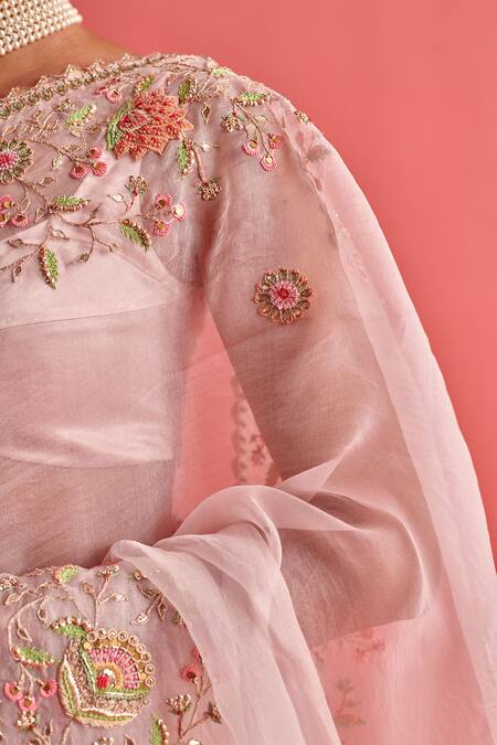 Aarti Sethia_Pink Organza Embroidery Brass Carnation Fleur Mukaish Work Saree Blouse Set _at_Aza_Fashions