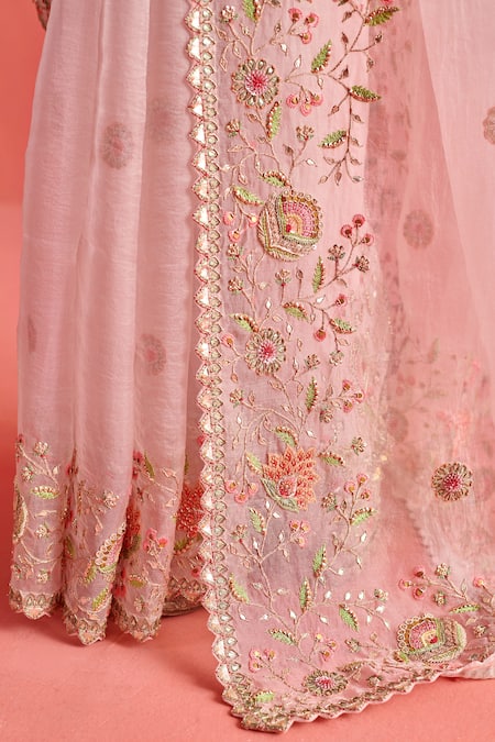 Shop_Aarti Sethia_Pink Organza Embroidery Brass Carnation Fleur Mukaish Work Saree Blouse Set 