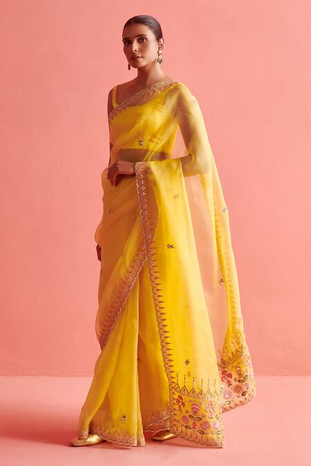 Buy_Aarti Sethia_Yellow Organza Embroidery French Tulip Fleur Dabka Embellished Saree Blouse Set _Online_at_Aza_Fashions