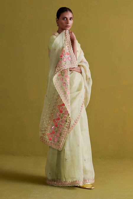 Shop_Aarti Sethia_Green Organza Embroidery French Knots V Peony Dabka Embellished Saree Blouse Set _Online_at_Aza_Fashions