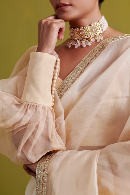 Buy_Aarti Sethia_Beige Organza Embroidery Gota Patti Embellished Border Saree Blouse Set _Online_at_Aza_Fashions