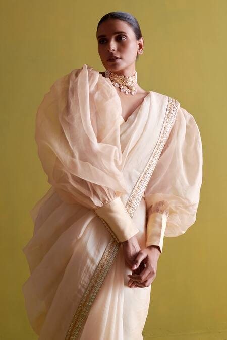 Shop_Aarti Sethia_Beige Organza Embroidery Gota Patti Embellished Border Saree Blouse Set _Online_at_Aza_Fashions