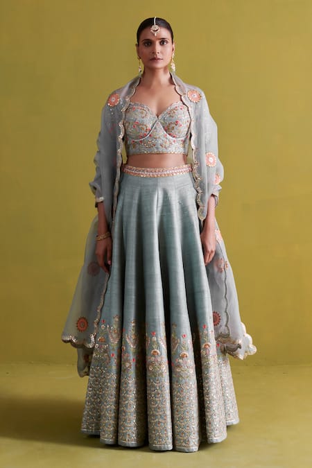 Aarti Sethia Blue Organza Embroidery Gota Patti Sweetheart Neck Fleur Bridal Lehenga Set 