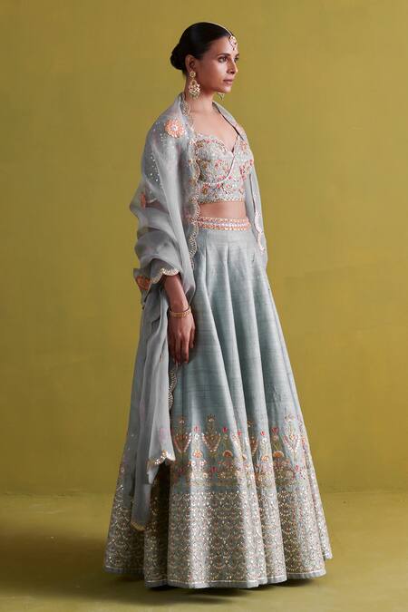 Aarti Sethia Blue Silk, Cotton, Organza Embroidery, Gota Patti Fleur Bridal Lehenga Set Online at Aza Fashions Aarti Sethia_Blue Silk, Cotton, Organza Embroidery, Gota Patti Fleur Bridal Lehenga Set _Online_at_Aza_Fashions