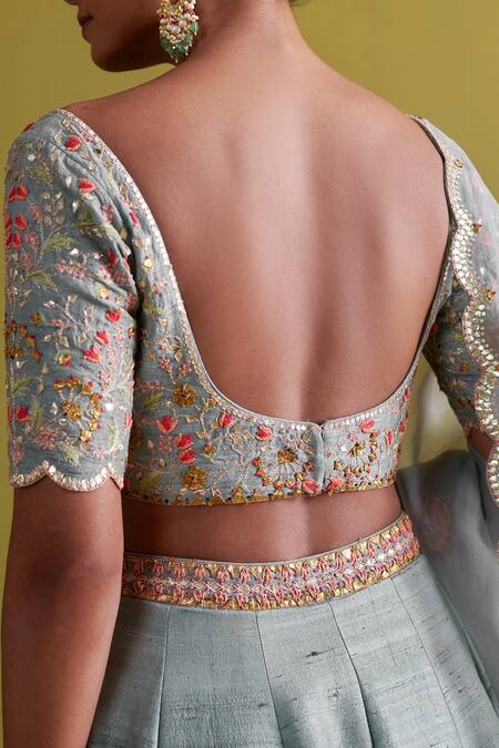 Buy Aarti Sethia Blue Silk, Cotton, Organza Embroidery, Gota Patti Fleur Bridal Lehenga Set Online at Aza Fashions Buy_Aarti Sethia_Blue Silk, Cotton, Organza Embroidery, Gota Patti Fleur Bridal Lehenga Set _Online_at_Aza_Fashions