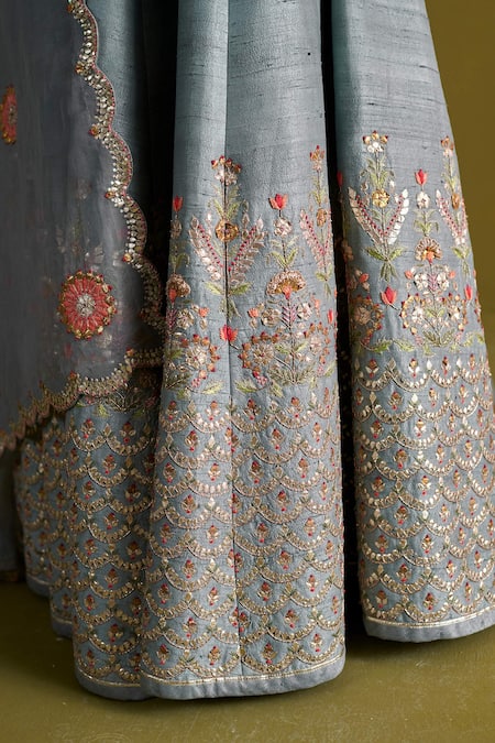 Shop Aarti Sethia Blue Silk, Cotton, Organza Embroidery, Gota Patti Fleur Bridal Lehenga Set Online at Aza Fashions Shop_Aarti Sethia_Blue Silk, Cotton, Organza Embroidery, Gota Patti Fleur Bridal Lehenga Set _Online_at_Aza_Fashions