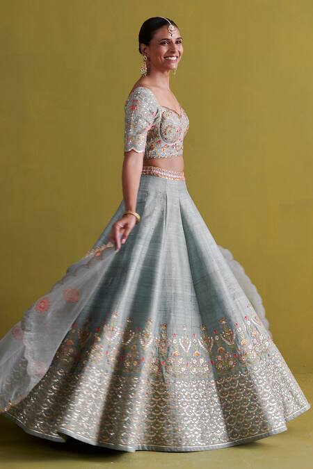 Aarti Sethia Blue Silk, Cotton, Organza Embroidery, Gota Patti Fleur Bridal Lehenga Set at Aza Fashions Aarti Sethia_Blue Silk, Cotton, Organza Embroidery, Gota Patti Fleur Bridal Lehenga Set _at_Aza_Fashions