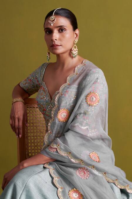 Buy Aarti Sethia Blue Silk, Cotton, Organza Embroidery, Gota Patti Fleur Bridal Lehenga Set Buy_Aarti Sethia_Blue Silk, Cotton, Organza Embroidery, Gota Patti Fleur Bridal Lehenga Set