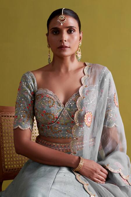 Shop Aarti Sethia Blue Silk, Cotton, Organza Embroidery, Gota Patti Fleur Bridal Lehenga Set Shop_Aarti Sethia_Blue Silk, Cotton, Organza Embroidery, Gota Patti Fleur Bridal Lehenga Set