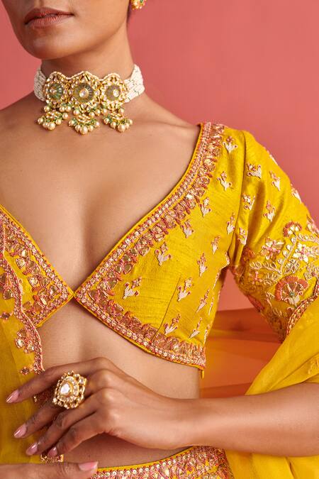 Shop_Aarti Sethia_Yellow Silk, Cotton, Organza Embroidery V-neck Amaryllis Bridal Lehenga Set _Online_at_Aza_Fashions