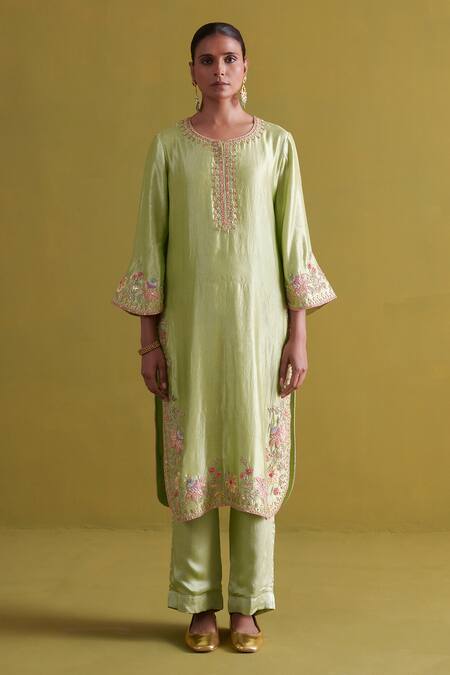 Aarti Sethia_Green Kota Doria, Silk, Organza Embroidery Rafflesia Dabka Kurta Palazzo Set _Online_at_Aza_Fashions