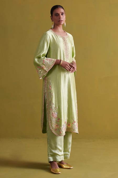 Buy_Aarti Sethia_Green Kota Doria, Silk, Organza Embroidery Rafflesia Dabka Kurta Palazzo Set _Online_at_Aza_Fashions