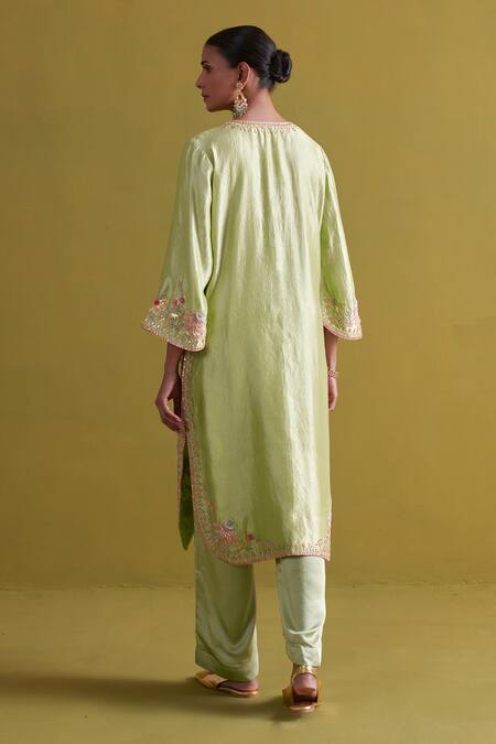 Shop_Aarti Sethia_Green Kota Doria, Silk, Organza Embroidery Rafflesia Dabka Kurta Palazzo Set _Online_at_Aza_Fashions