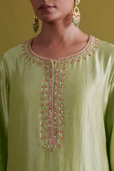Aarti Sethia_Green Kota Doria, Silk, Organza Embroidery Rafflesia Dabka Kurta Palazzo Set _at_Aza_Fashions