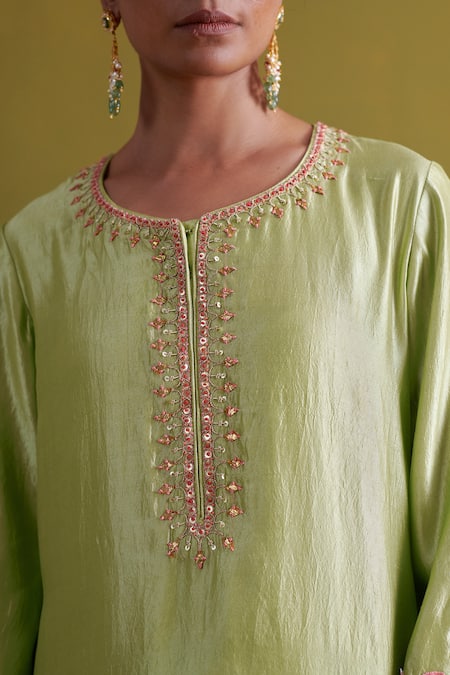 Buy_Aarti Sethia_Green Kota Doria, Silk, Organza Embroidery Rafflesia Dabka Kurta Palazzo Set 