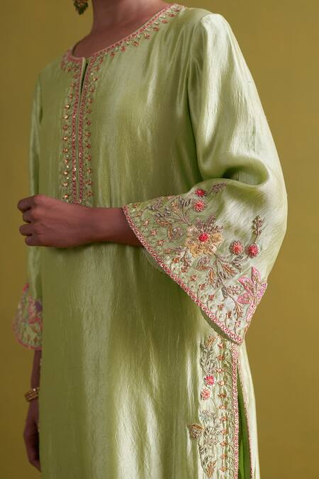 Shop_Aarti Sethia_Green Kota Doria, Silk, Organza Embroidery Rafflesia Dabka Kurta Palazzo Set 